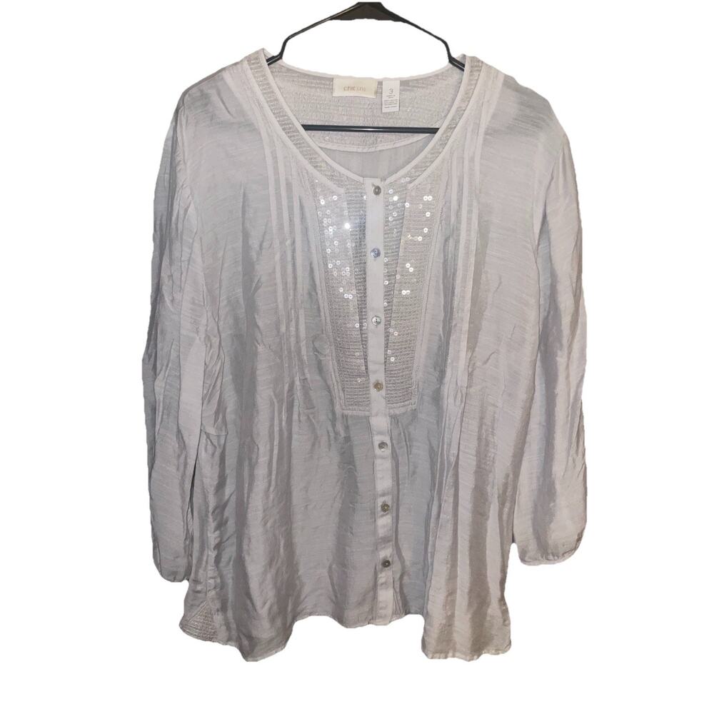 Chico’s Women’s Beautiful Sheer Sequin Light Button Down Blouse Sz XL 16 Sparkly